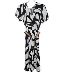 Fred David Brushstroke Puff Sleeve Midi Dress Black White M